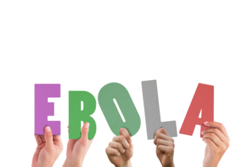 Digital png illustration of hands with ebola text on transparent background