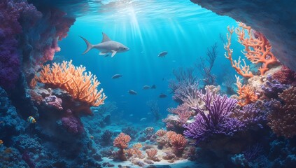 Fototapeta na wymiar Submerged Sunlit Wonderland. Coral Reef, Fish, and Aquatic Ecosystem in the Underwater Realm.