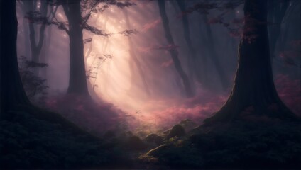 Mystical Forest Aura. Enchanted Sunlight Casts Pink Hue, Creating an Enchanting Ambiance.