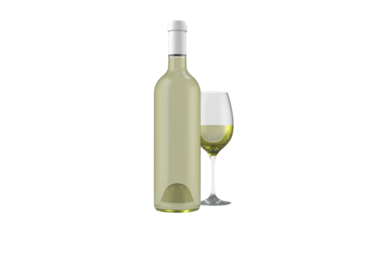 Digital png illustration of bottle and glass of white wine on transparent background