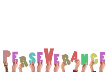 Digital png illustration of hands with perseverance text on transparent background