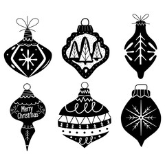6 Christmas silhouette tree toys and balls. Different shapes new year decorations in retro flat cartoon style. Christmas symbols icons set - starts, trees. Vector illustration set..