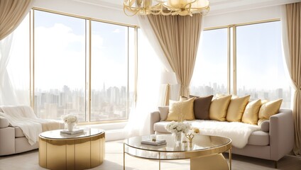 Luxurious Apartment with Panoramic City Views, Elegant Gold-Toned Furniture, and Sophisticated Ambiance