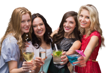Digital png photo of caucasian female friends with drinks on transparent background