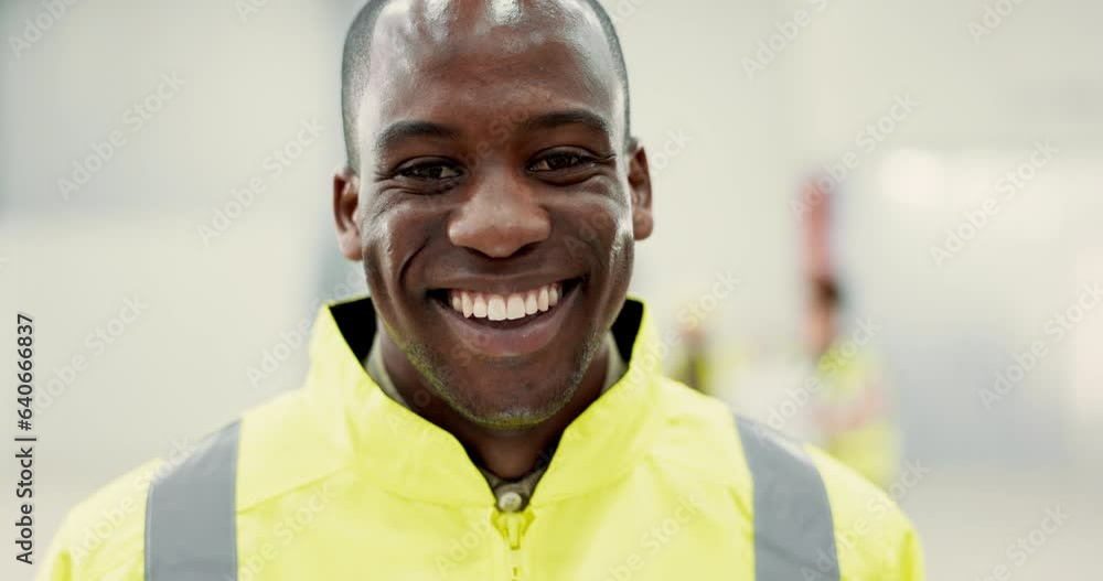 Aufkleber happy, architect or face of man in construction, building or happiness of contractor working in proj