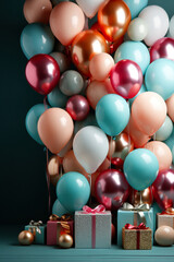 Colorful balloons and gift boxes on wooden table.