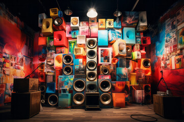 Set of colorful sound speakers standing in home garage. Fun hobby music concept - obrazy, fototapety, plakaty