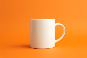 White mug mockup coffee tea ceramic porcelain cap on orange background. Empty blank template design