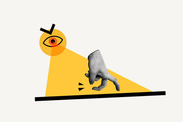 Collage 3d image of pinup pop retro sketch of hand gesture fingers legs running walk go eye watching look see information antivirus error