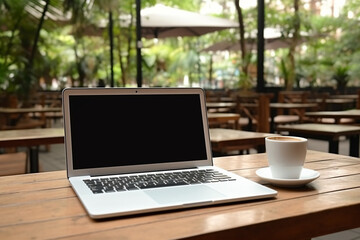 Laptop and cup of coffee. Outdoor work. Laptop with empty screen with a copy space. AI generated