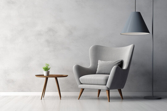 Minimalist light color interior with a grey armchair and lamp. AI generated