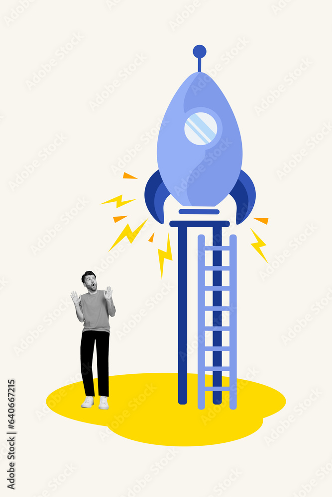 Poster 3d retro abstract creative artwork template collage of shocked amazed man rocket spaceship startup s