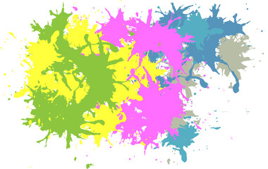 Digital png illustration of pink, yellow, green paint splatters on transparent background