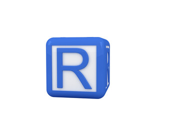 Digital png illustration of blue letter r on blue and white cube on transparent background
