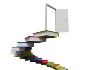Digital png illustration of spiral of books and door on transparent background