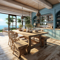 Fototapeta na wymiar a nautical apartment kitchen wooden table 