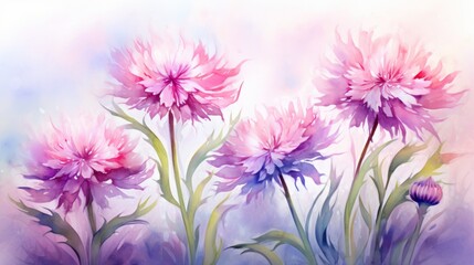 Purple watercolour cornflower knapweed centaurea summer flower illustration. Floral blooming painting - obrazy, fototapety, plakaty