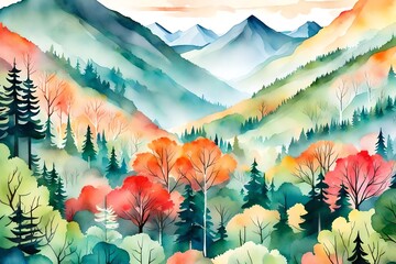 a watercolor illustration of a landscape featuring a lush forest in the foreground and majestic mountains in the background - AI Generative