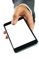 Digital png photo of caucasian hand with smartphone on transparent background