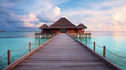 Wooden jetty in a luxury resort. Ocean view. AI generated