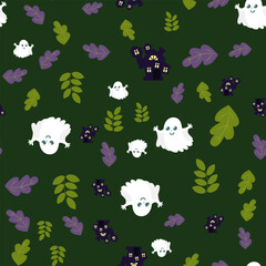 Seamless pattern cute ghost and castle and leaves. Halloween background in cartoon style. Pattern for packaging, textiles, wallpapers.