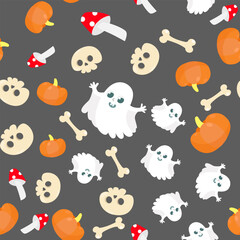 Seamless pattern cute white ghost, pumpkins, charming skull and bone. Halloween pattern in cartoon style. Pattern for textiles, packaging, wallpapers.