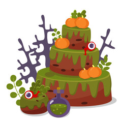 Cake three tiers for the Halloween holiday and a branch and the top of the eye in a cartoon style isolated on a white background. Vector illustration for design of Halloween party.