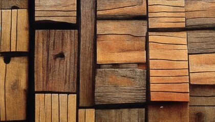 A vintage wooden wall, rich in brown texture. Each plank showcases an old, textured pattern, resembling hardwood. This natural material evokes the rough beauty of nature, with a closeup view highlight