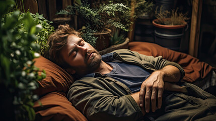 Obraz premium a man sleeps exhausted on a couch between green plants.