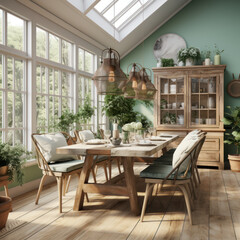  green  fresh dining room  3d render  farmhouse  
