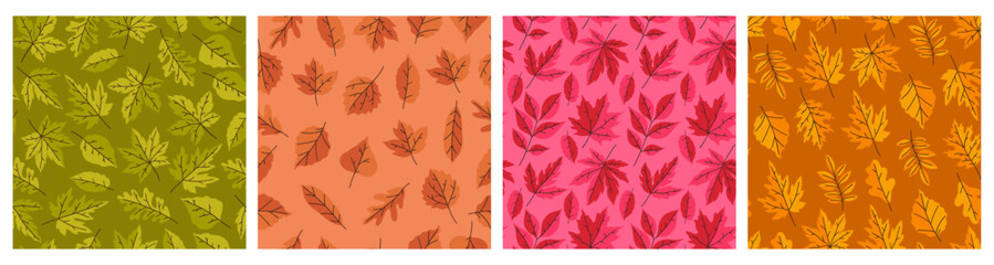 Set of seamless patterns with autumn leaves. Vector graphics.
