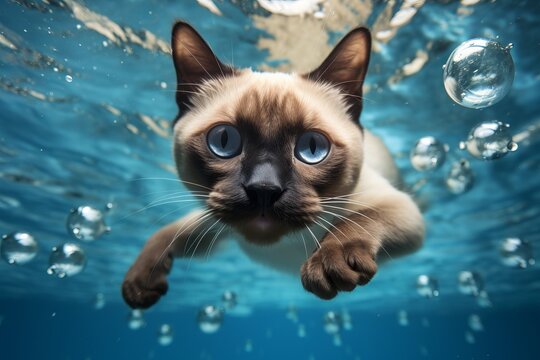 a huge siamese gown-up cat swimming in the bright blue water, diving under water close-up photography