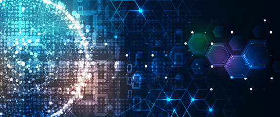 Obraz premium Technology banner design with hexagons abstract background.
