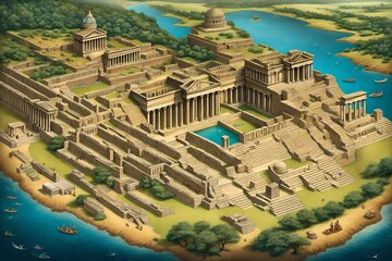 Illustrate a breathtaking panorama of various archaeological discoveries that were once considered myths - AI Generative