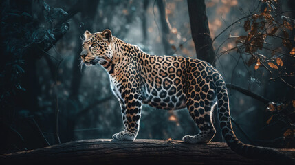 Naklejka premium leopard standing on a branch of a tree in the jungle.