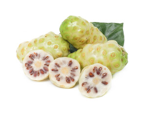 Fresh noni laying on white background.