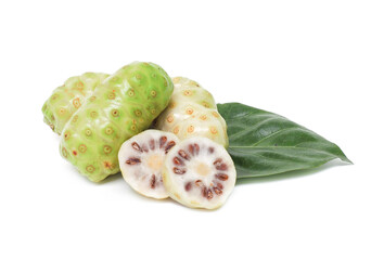 Fresh noni laying on white background.