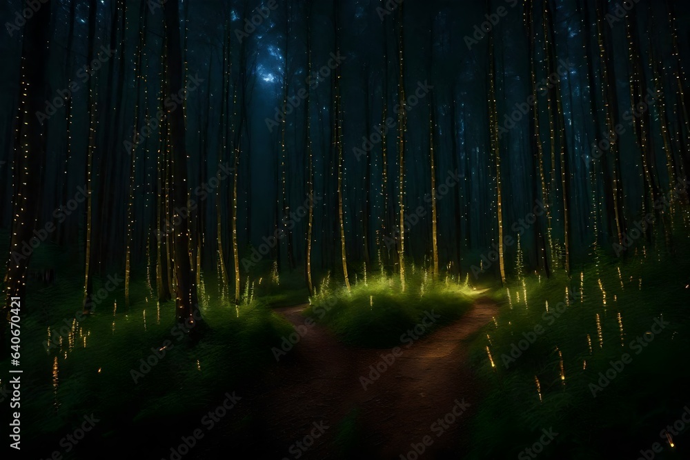 Poster luminous fireflies guiding the way through an enchanted forest - ai generative