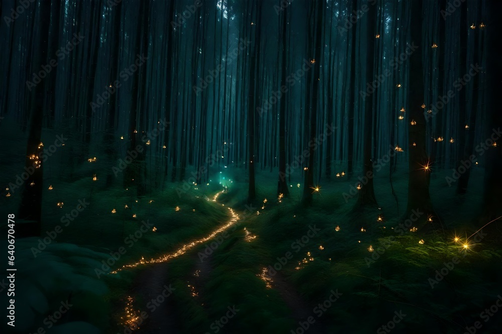 Poster luminous fireflies guiding the way through an enchanted forest - ai generative