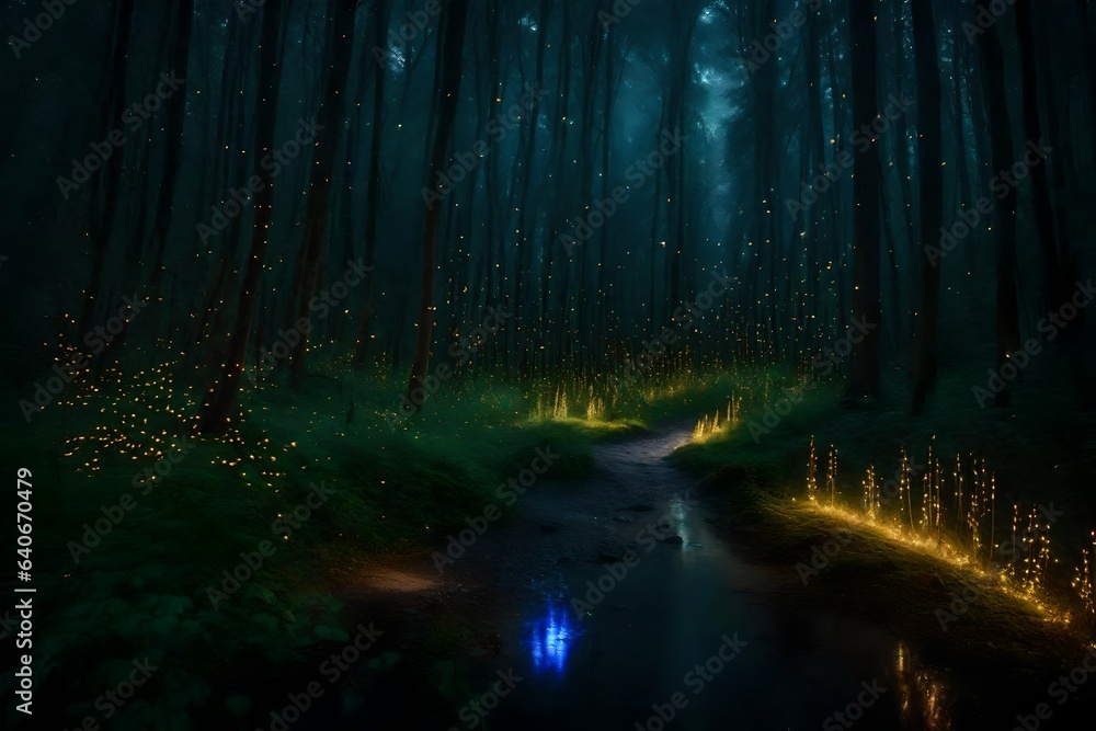 Poster luminous fireflies guiding the way through an enchanted forest - ai generative