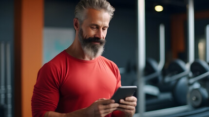 Portrait of mature successful adult athlete, bearded man going to workout, coach holding fitness mat and phone, browsing online app for joint physical training