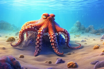 cartoon style of an octopus in the sea - obrazy, fototapety, plakaty