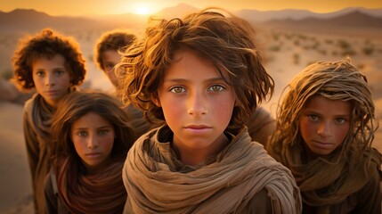 a group of children living the nomad lifestyle in the desert among the dunes of sand, golden hour. - obrazy, fototapety, plakaty