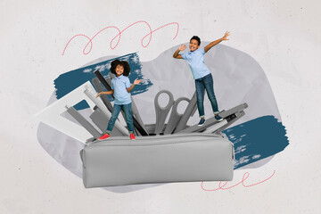 Creative billboard collage advertisement two people supplies promo pencil case prepare september...