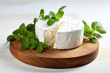 goat cheese on wooden plate isolated on white background 