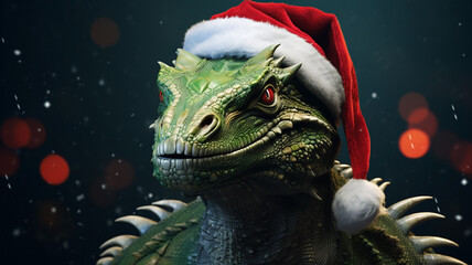 Portrait of a scary green oriental dragon in a red Santa Claus hat on a dark background