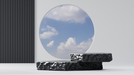 natural black stone podium display with blue skies, empty rock stage for product showcase, 3d rendering