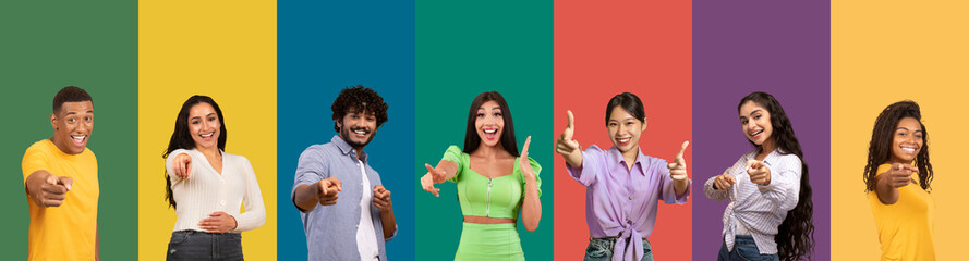 Multicultural men and women pointing at camera, collage