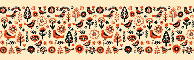 Obraz premium Simple minimalist Scandinavian seamless pattern with birds and flowers