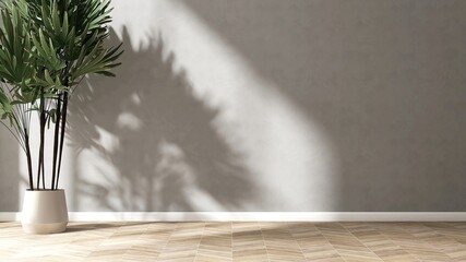 Tropical green palm in white pot in sunlight, shadow on blank gray stucco wall, herringbone tile...
